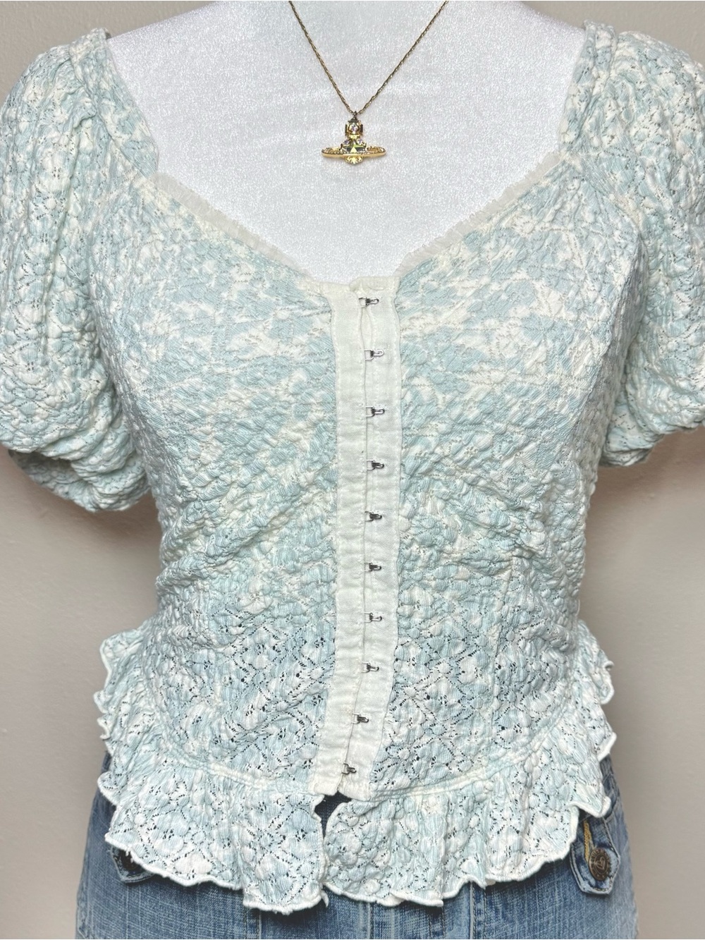 Free People Blue Lace Peplum Hook-and-Eye Boho Cottagecore Women’s Small Top